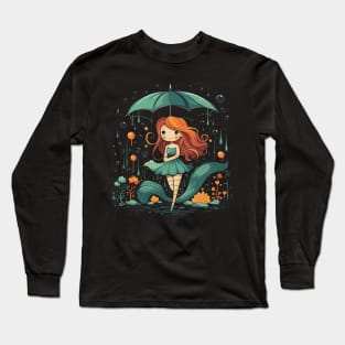 Mermaid Rainy Day With Umbrella Long Sleeve T-Shirt
